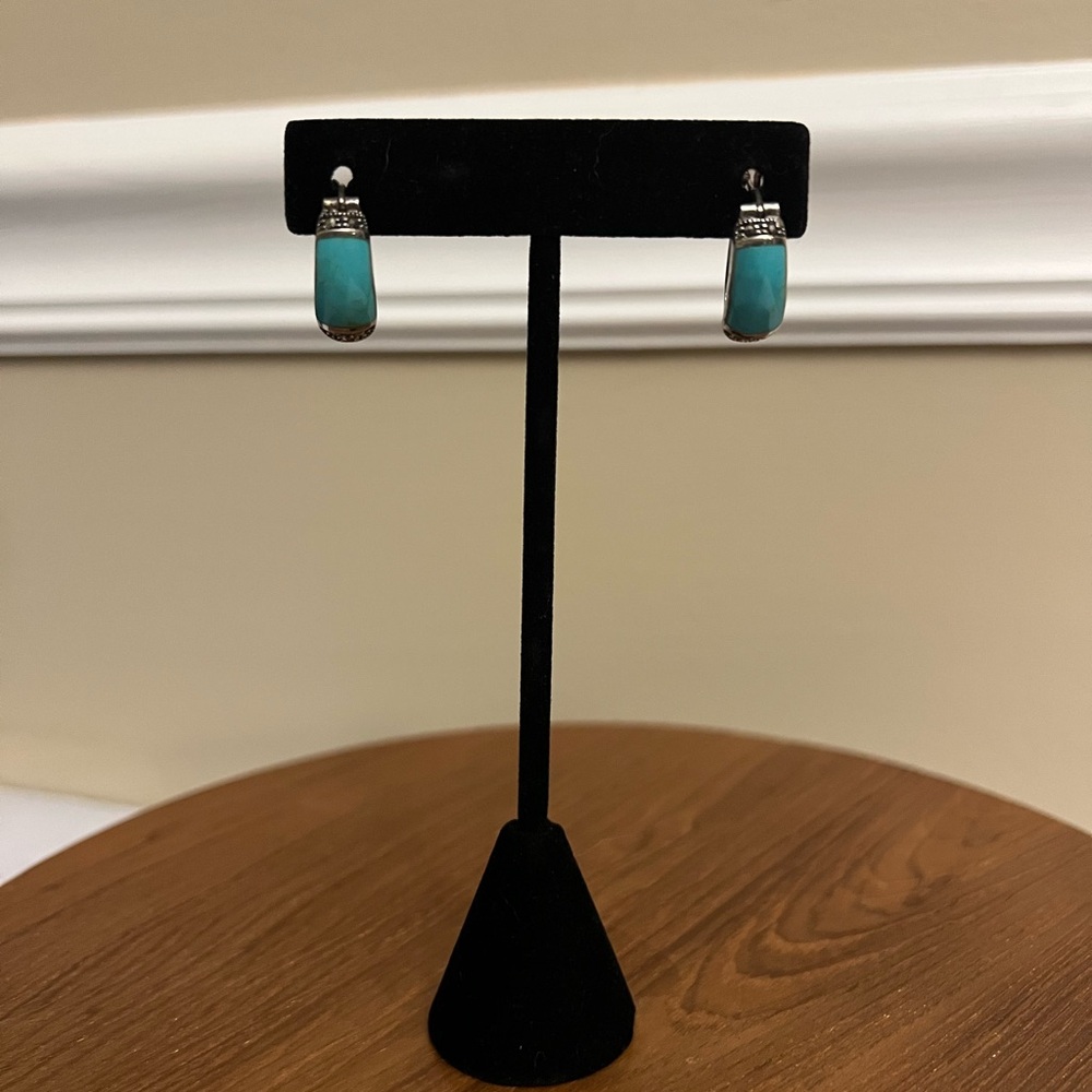 Sterling Silver Turquoise U-Hoop Earrings with Marcasite Accents